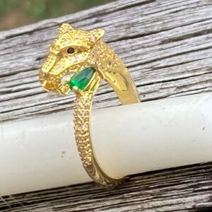 Leopard Head Emerald Lab Created Vermeil Gold Sterling Bypass Ring sz9 NEW!